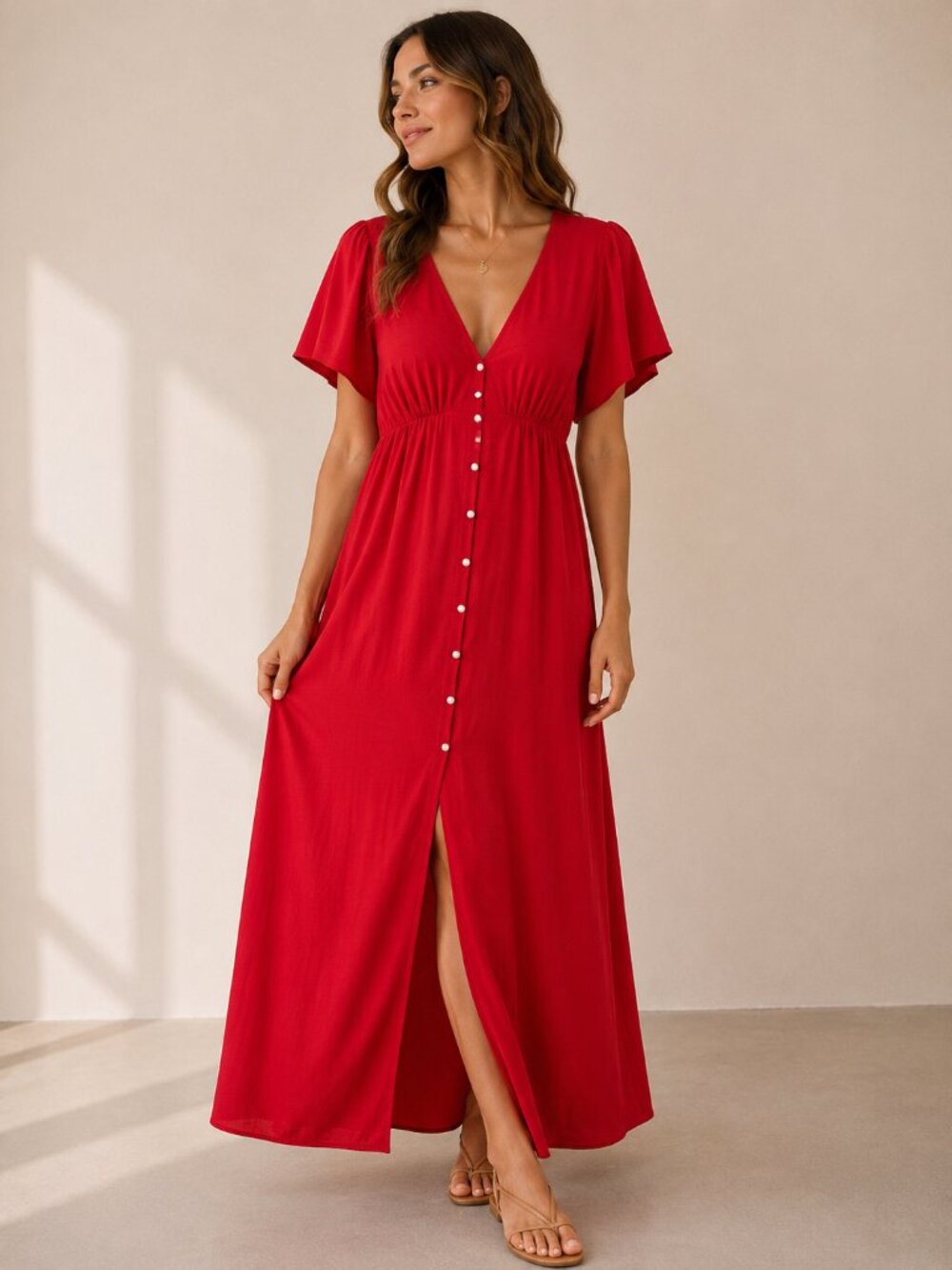 Old Navy Cherry Tomato Button Front Maxi Dress XL Tall Flutter Sleeve Rayon